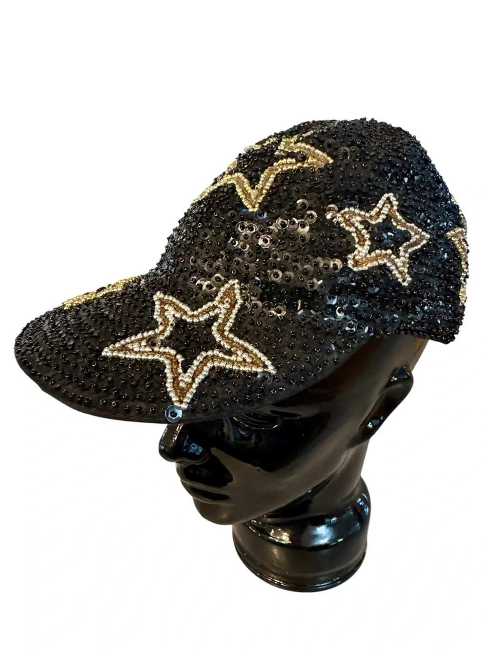 Vtg 90s Black Sequin Ball Cap Gold Sequin Beaded Stars OS Boho City Casino - Picture 2 of 4